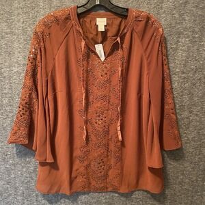 Chicos Top Womens 0 Small Brown Sequin Tie Velvet Bell Sleeve Boho‎ Blouse NEW